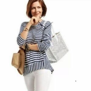 Cabi navy & white long sleeve asymmetrical Top XS